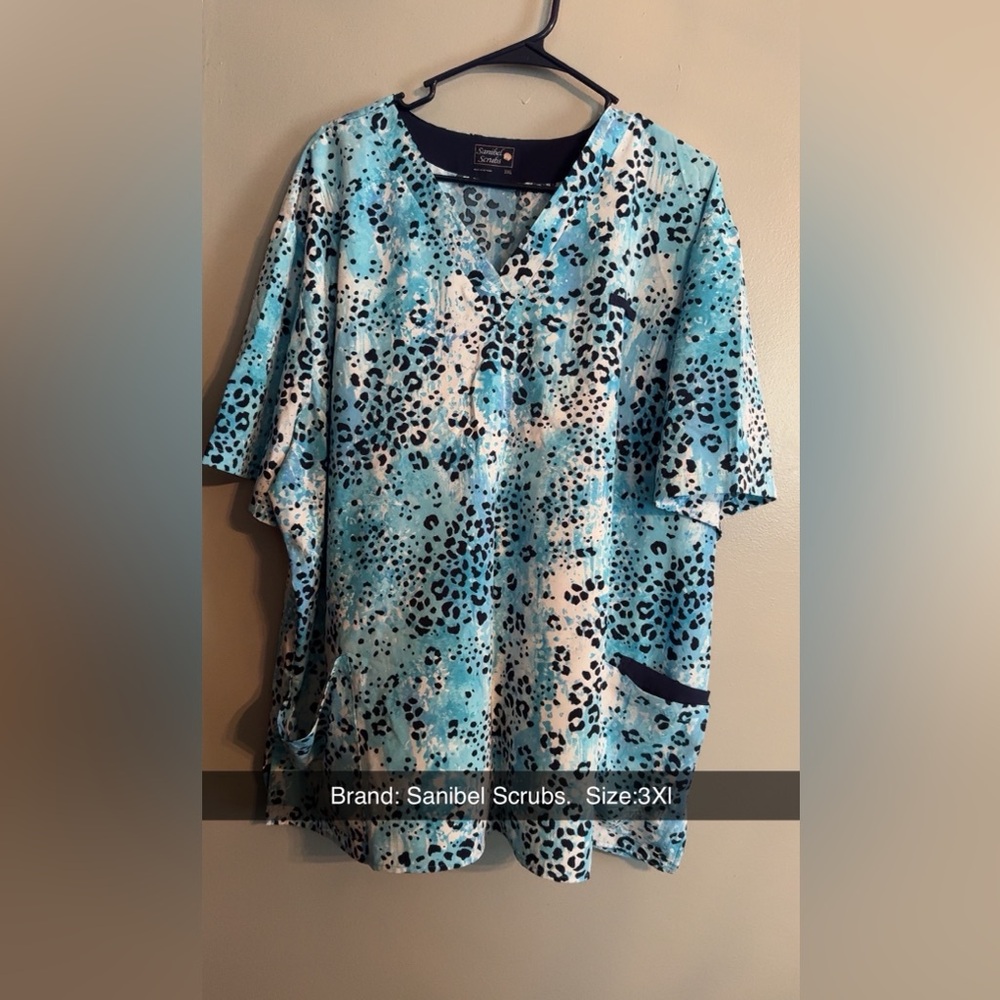 Sanibel Scrubs Women's Blue Leopard Print Top